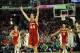 Mar 17, 2013; Chicago, IL, USA; Wisconsin Badgers forward Frank Kaminsky (44) reacts in the first half during the championship game of the Big Ten tournament against the Ohio State Buckeyes at the United Center. Mandatory Credit: David Banks-USA TODAY Spo