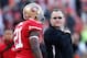 Jan 12, 2013; San Francisco, CA, USA; San Francisco 49ers offensive coordinator Greg Roman (right) talks to running back Frank Gore (21) before the NFC divisional round playoff game against the Green Bay Packers at Candlestick Park. Mandatory Credit: Car