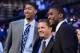 June 28, 2012; Newark, NJ, USA; Kentucky Wildcats coach John Calipari (middle) greets former players Anthony Davis (left) and Michael Kidd-Gilchrist (right) before the 2012 NBA Draft at the Prudential Center. Mandatory Credit: Jerry Lai-USA TODAY Sports