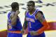 Mar 4, 2013; Cleveland, OH, USA; New York Knicks power forward Amar'e Stoudemire (1) celebrates a dunk with point guard Raymond Felton (2) in the fourth quarter against the Cleveland Cavaliers at Quicken Loans Arena. Mandatory Credit: David Richard-USA TO