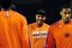 Oct 17, 2013; Baltimore, MD, USA; New York Knicks forward Carmelo Anthony (center) warms up prior to the game against the Washington Wizards at Baltimore Arena. Mandatory Credit: Evan Habeeb-USA TODAY Sports