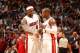 MIAMI, FL - NOVEMBER 3: LeBron James #6 of the Miami Heat shares a word with teammate Dwyane Wade #3 during the game against the Washington Wizards on November 3, 2013 at American Airlines Arena in Miami, Florida. NOTE TO USER: User expressly acknowledges