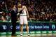 BOSTON, MA - NOVEMBER 11: Kelly Olynyk #41 of the Boston Celtics speaks with head coach Brad Stevens during a game against the Orlando Magic at the TD Garden on November 11, 2013 in Boston, Massachusetts. NOTE TO USER: User expressly acknowledges and agre