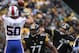 Nov 10, 2013; Pittsburgh, PA, USA; Pittsburgh Steelers quarterback Ben Roethlisberger (7) throws a pass under pressure from Buffalo Bills linebacker Kiko Alonso (50) during the first quarter at Heinz Field. Mandatory Credit: Jason Bridge-USA TODAY Sports