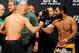 Nov 15, 2013; Las Vegas, NV, USA; UFC welterweight champion Georges St. Pierre shakes hands with welterweight challenger Johny Hendricks during the weigh-in of UFC 167 at MGM Grand Garden Arena. Mandatory Credit: Stephen R. Sylvanie-USA TODAY Sports