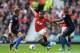 MANCHESTER, ENGLAND - SEPTEMBER 14: Anderson of Manchester United takes on Dwight Gayle (L) and Jason Puncheon of Crystal Palace (R) during the Barclays Premier League match between Manchester United and Crystal Palace at Old Trafford on September 14, 20