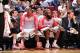 HOUSTON, TX - NOVEMBER 11: Dwight Howard #12 and James Harden #13 of the Houston Rockets heat their knees on the bench against the Toronto Raptors on November 11, 2013 at the Toyota Center in Houston, Texas. NOTE TO USER: User expressly acknowledges and a