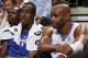ORLANDO, FL - OCTOBER 28: Dwight Howard #12 and Vince Carter #15 of the Orlando Magic take a rest on the bench during the game against the Philadelphia 76ers at Amway Arena on October 28, 2009 in Orlando, Florida. The Magic won 120-106. NOTE TO USER: U