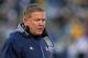 SOUTH BEND, IN - NOVEMBER 02: Head coach Brian Kelly of the Notre Dame Fighting Irish walks off of the field after checking on an injured player during a game against the Navy Midshipmen at Notre Dame Stadium on November 2, 2013 in South Bend, Indiana. N