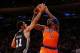 Nov 10, 2013; New York, NY, USA; San Antonio Spurs power forward Jeff Ayres (11) keeps New York Knicks power forward Amar'e Stoudemire (1) from the basket during the second quarter at Madison Square Garden. Mandatory Credit: Anthony Gruppuso-USA TODAY Sp