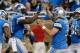 DETROIT, MI - OCTOBER 27: Calvin Johnson #81 of the Detroit Lions celebrates a first quarter touchdown with Matthew Stafford #9 while playing the Dallas Cowboys at Ford Field on October 27, 2013 in Detroit, Michigan. (Photo by Gregory Shamus/Getty Images)