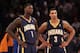 NEW YORK, NY - NOVEMBER 20: Lance Stephenson #1 and George Hill #3 of the Indiana Pacers wait for play to begin against the New York Knicks at Madison Square Garden on November 20, 2013 in New York City. NOTE TO USER: User expressly acknowledges and agree