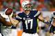 MIAMI GARDENS, FL - NOVEMBER 17: Philip Rivers #17 of the San Diego Chargers drops back to pass uring their game against the Miami Dolphins at Sun Life Stadium on November 17, 2013 in Miami Gardens, Florida. (Photo by Streeter Lecka/Getty Images)