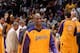 LOS ANGELES, CA - NOVEMBER 15: Kobe Bryant #24 of the Los Angeles Lakers makes his way to midcourt to help present a check from the Los Angeles Lakers to the Phillipine Red Cross at Staples Center on November 15, 2013 in Los Angeles, California. NOTE TO U