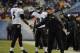 CHICAGO, IL - NOVEMBER 17: Head coach John Harbaugh of the Baltimore Raven congratulates Joe Flacco #5 after a Ravens touchdown against the Chicago Bears during the first quarter Ravensson November 17, 2013 at Soldier Field in Chicago, Illinois. (Photo b