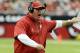 GLENDALE, AZ - OCTOBER 06: Head Coach Bruce Arians of the Arizona Cardinals disagrees with a call during a stop in play against the Carolina Panthers at University of Phoenix Stadium on October 6, 2013 in Glendale, Arizona. (Photo by Norm Hall/Getty Ima