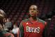 CLEVELAND, OH - OCTOBER 8: John Henson #31 of the Milwaukee Bucks warms up before the game against the Cleveland Cavaliers at The Quicken Loans Arena on October 8, 2013 in Cleveland, Ohio. NOTE TO USER: User expressly acknowledges and agrees that, by dow