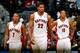 ATLANTA, GA - NOVEMBER 01: Rudy Gay #22, Kyle Lowry #7 and DeMar DeRozan #10 of the Toronto Raptors react in the final seconds of their 102-95 loss to the Atlanta Hawks at Philips Arena on November 1, 2013 in Atlanta, Georgia. NOTE TO USER: User express