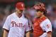 PHILADELPHIA, PA - AUGUST 16: Carlos Ruiz #51 of the Philadelphia Phillies talks with teammate Cliff Lee #33 during the game against the Los Angeles Dodgers at Citizens Bank Park on August 16, 2013 in Philadelphia, Pennsylvania. The Dodgers won 4-0. (Phot