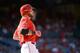 ANAHEIM, CA - SEPTEMBER 22: Josh Hamilton (32) of the Los Angeles Angels makes his way to first during the game against the Seattle Mariners at Angel Stadium of Anaheim on September 22, 2013 in Anaheim, California. (Photo by Harry How/Getty Images)