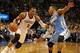 Nov 18, 2013; Oklahoma City, OK, USA; Oklahoma City Thunder point guard Russell Westbrook (0) handles the ball against Denver Nuggets shooting guard Randy Foye (4) during the fourth quarter at Chesapeake Energy Arena. Mandatory Credit: Mark D. Smith-USA T