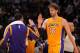 LOS ANGELES, CA - NOVEMBER 22: Jordan Farmar #1 and Pau Gasol #16 of the Los Angeles Lakers high five during a game against the Golden State Warriors on November 22, 2013 at STAPLES Center in Los Angeles, California. NOTE TO USER: User expressly acknowled