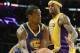 Nov 22, 2013; Los Angeles, CA, USA; Golden State Warriors small forward Harrison Barnes (40) passes the ball away from Los Angeles Lakers center Jordan Hill (27) during the first half at Staples Center. Mandatory Credit: Richard Mackson-USA TODAY Sports
