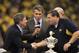 NEW ORLEANS, LA - JANUARY 03: Head coach Brady Hoke of the Michigan Wolverines is congratulated after Michigan won 23-20 in overtime against the Virginia Tech Hokies during the Allstate Sugar Bowl at Mercedes-Benz Superdome on January 3, 2012 in New Orle
