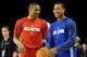 ORLANDO, FL - FEBRUARY 25: Russell Westbrook #0 of the Oklahoma City Thunder and Derrick Rose #1 of the Chicago Bulls talk during the All-Star Practice on center court at Jam Session during the NBA All-Star Weekend on February 25, 2012 at the Orange Count