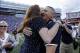Nov 23, 2013; Gainesville, FL, USA; Georgia Southern Eagles head coach Jeff Monken hugs his wife Beth Monken after they beat the Florida Gators at Ben Hill Griffin Stadium. Georgia Southern Eagles defeated the Florida Gators 26-20. Mandatory Credit: Kim K