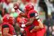 Nov 23, 2013; Tucson, AZ, USA; Arizona Wildcats running back Ka'Deem Carey celebrates with teammates after scoring a touchdown in the first quarter against the Oregon Ducks at Arizona Stadium. Mandatory Credit: Mark J. Rebilas-USA TODAY Sports
