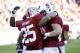 Nov 23, 2013; Stanford, CA, USA; Stanford Cardinal running back Tyler Gaffney (25) celebrates with teammates after scoring on a 58 yard run during the third quarter against the California Golden Bears at Stanford Stadium. Stanford won 63-13. Mandatory Cre