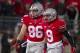 Nov 23, 2013; Columbus, OH, USA; Ohio State Buckeyes wide receiver Devin Smith (9) is congratulated by tight end Jeff Heuerman (86) in the fourth quarter of the game against the Indiana Hoosiers at Ohio Stadium. Ohio State Buckeyes beat Indiana Hoosiers