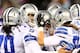 EAST RUTHERFORD, NJ - NOVEMBER 24: Dan Bailey #5 of the Dallas Cowboys is congratulated by Kyle Bosworth #58 after Bailey kicked the game winning field goal in the final seconds of the game against the New York Giants at MetLife Stadium on November 24, 2