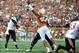Nov 16, 2013; Austin, TX, USA; Texas Longhorns defensive end Jackson Jeffcoat (44) blocks a pass thrown by Oklahoma State Cowboys quarterback Clint Chelf (10) during the first quarter at Darrell K Royal-Texas Memorial Stadium. Mandatory Credit: Brendan Ma