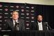 NEW YORK, NY - MARCH 14: Interim General Manager and Senior Vice President of Basketball Operations Glen Grunwald sits alongside Mike Woodson as Woodson is introduced as Interim Head Coach of the New York Knicks prior to the team taking on the Portland Tr
