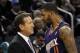 Nov 24, 2013; Orlando, FL, USA; Phoenix Suns head coach Jeff Hornacek talks with power forward Markieff Morris (11) after he was called for a technical foul during the second quarter against the Orlando Magic at Amway Center. Mandatory Credit: Kim Klement