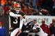 CLEVELAND, OH - NOVEMBER 03: Quarterback Brandon Weeden #3 of the Cleveland Browns throws as he is pressured by linebacker Arthur Brown #59 of the Baltimore Ravens at FirstEnergy Stadium on November 3, 2013 in Cleveland, Ohio. (Photo by Matt Sullivan/Ge