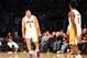 LOS ANGELES, CA - NOVEMBER 17: Jordan Farmar #1 and Nick Young #0 of the Los Angeles Lakers celebrate after Farmar made a shot at the buzzer ending the third quarter against the Detroit Pistons at Staples Center on November 17, 2013 in Los Angeles, Califo