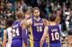 Mar 27, 2013; Minneapolis, MN, USA; Los Angeles Lakers power forward Pau Gasol (16) congratulates teammates Kobe Bryant (24) and Steve Nash (10) at the end of the fourth quarter at Target Center. Lakers won 120-117. Mandatory Credit: Greg Smith-USA TODAY