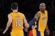 Mar 22, 2013; Los Angeles, CA, USA; Los Angeles Lakers shooting guard Kobe Bryant (24) and point guard Steve Nash (10) in the second half of the game against the Washington Wizards at the Staples Center. Wizards won 103-100. Mandatory Credit: Jayne Kamin