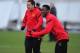 MANCHESTER, ENGLAND - FEBRUARY 22: Javier Hernandez and Danny Welbeck share a joke during the Manchester United training ahead of their UEFA Europa League round of 32 second leg match against Ajax session at the Carrington Training Ground on February 22,