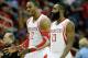 HOUSTON, TX - NOVEMBER 11: Dwight Howard #12 and James Harden #13 of the Houston Rockets walk off the court during the game against the Toronto Raptors at Toyota Center on November 11, 2013 in Houston, Texas. NOTE TO USER: User expressly acknowledges and