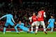 LONDON, ENGLAND - NOVEMBER 26: Jack Wilshere of Arsenal scores their firs goal during the UEFA Champions League Group F match between Arsenal and Olympique de Marseille at Emirates Stadium on November 26, 2013 in London, England. (Photo by Shaun Botteri