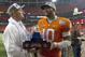 Dec 31, 2012; Atlanta, GA, USA; Clemson Tigers quarterback Tajh Boyd (10) and coach Chad Morris (left) celebrate after defeating the LSU Tigers 25-24 in the 2012 Chick-Fil-A Bowl at the Georgia Dome. Mandatory Credit: Joshua S. Kelly-USA TODAY Sports