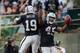 OAKLAND, CA - NOVEMBER 24: Marcel Reece #45 and Brice Butler #19 of the Oakland Raiders celebrates after Reece caught a touchdown pass against the Tennessee Titans during the fourth quarter at O.co Coliseum on November 24, 2013 in Oakland, California. Th
