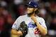 Oct 18, 2013; St. Louis, MO, USA; Los Angeles Dodgers starting pitcher Clayton Kershaw reacts during the third inning against the St. Louis Cardinals in game six of the National League Championship Series baseball game at Busch Stadium. Mandatory Credit: