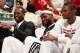 MIAMI, FL - NOVEMBER 19: Dwyane Wade #3, LeBron James #6, and Chris Bosh #1 of the Miami Heat smile while on the bench during the game against the Atlanta Hawks on November 19, 2013 at American Airlines Arena in Miami, Florida. NOTE TO USER: User expressl