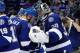 Oct 15, 2013; Tampa, FL, USA; Tampa Bay Lightning defenseman Sami Salo (6) and goalie Ben Bishop (30) congratulate each other after they beat the Los Angeles Kings at Tampa Bay Times Forum. Tampa Bay Lightning defeated the Los Angeles Kings 5-1. Mandatory