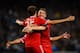 MANCHESTER, ENGLAND - OCTOBER 02: Thomas Muller of FC Bayern Munchen celebrates scoring the second goal with Bastian Schweinsteiger during the UEFA Champions League Group D match between Manchester City and FC Bayern Munchen at Etihad Stadium on October
